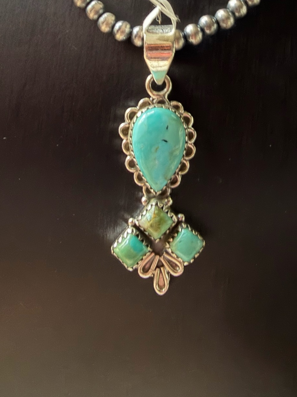 Turquoise Teardrop and Square Pendant Necklace - Sterling Silver